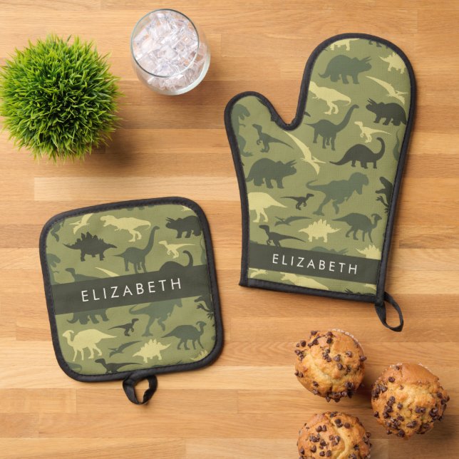 Set De Manoplas Patrón de dinosaurios, silueta de dinosaurios, tu  (De arriba hacia abajo)