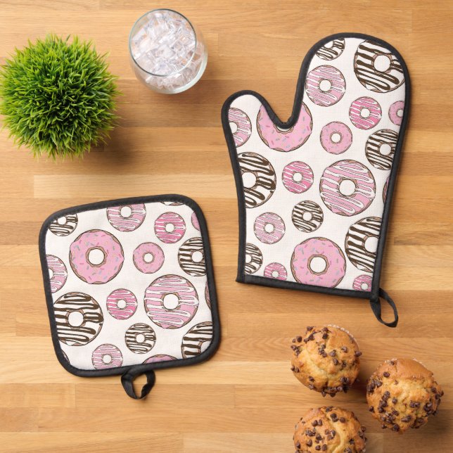 Set De Manoplas Patrón De Donuts, Donuts Rosados, Donuts Blancos (De arriba hacia abajo)