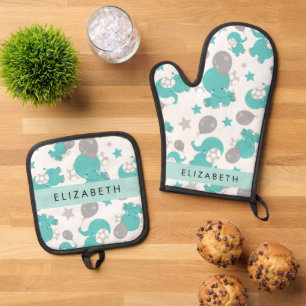 Set De Manoplas Patrón De Elefantes Azules, Estrellas, Tu Nombre