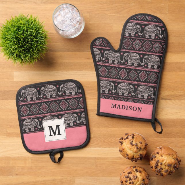 Set De Manoplas Patrón de elefantes étnicos negros (De arriba hacia abajo)