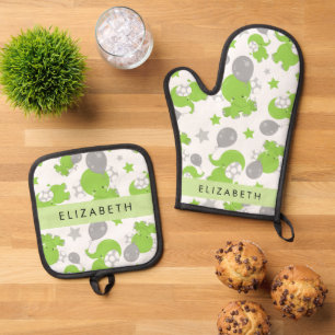 Set De Manoplas Patrón de elefantes verdes, estrellas, tu nombre