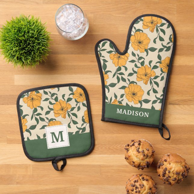 Set De Manoplas Patrón de flor de amapola naranja (De arriba hacia abajo)