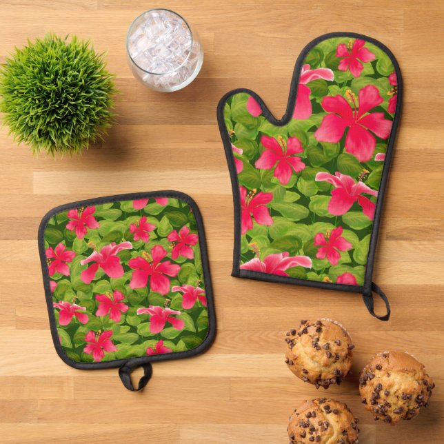 Set De Manoplas Patrón de flores de Hibiscus Haini Rosa (De arriba hacia abajo)
