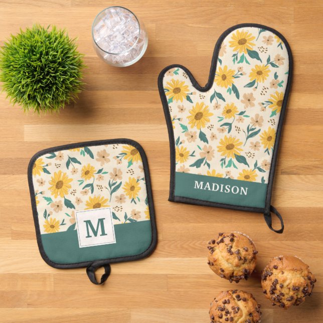 Set De Manoplas Patrón de flores de margarita amarilla (De arriba hacia abajo)