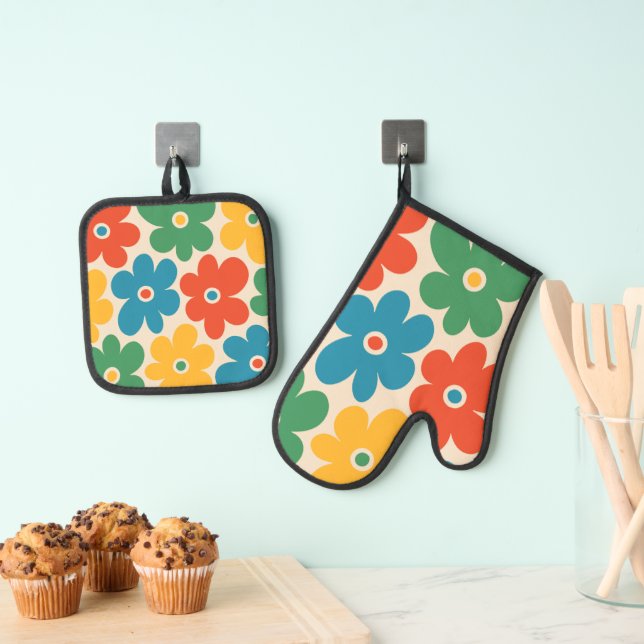 Set De Manoplas Patrón de flores retro coloridas (Insitu (colgante))