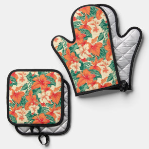 Set De Manoplas Patrón de flores tropicales víbicas y hojas de Haw