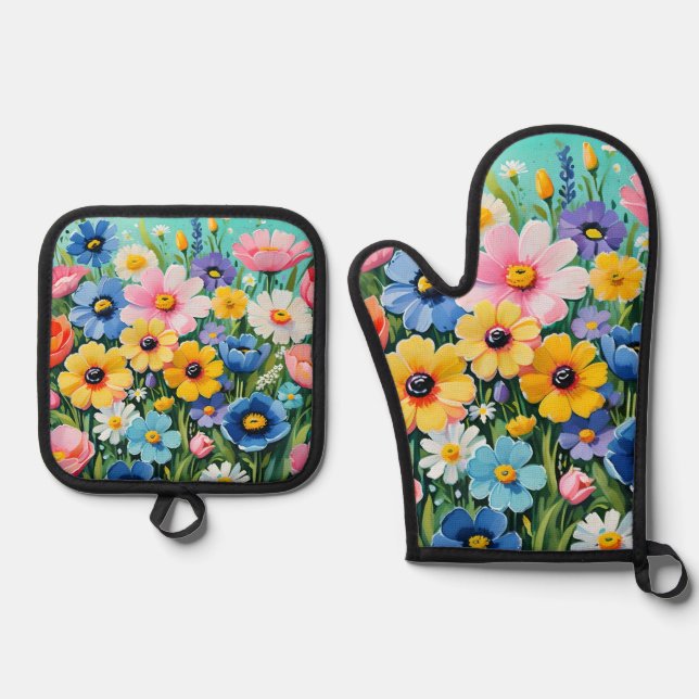 Set De Manoplas Patrón de flores vibrantes de primavera en acuarel (Anverso)