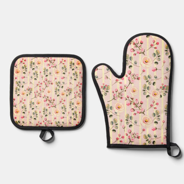 Set De Manoplas Patrón de franja floral rosa suave (Anverso)
