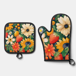 Set De Manoplas Patrón de fresa de flores del jardín de verano