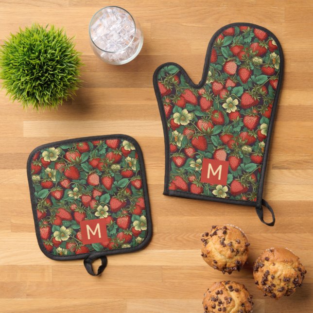 Set De Manoplas Patrón de fresas monograma personalizado (De arriba hacia abajo)