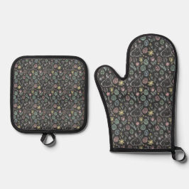 Set De Manoplas Patrón de garabatos de conejo de Pascua en pizarra