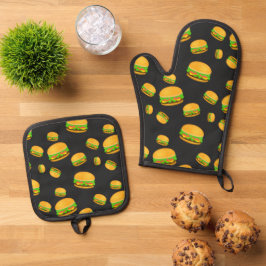 Set De Manoplas Patrón de hamburguesa divertida y rica gris oscuro