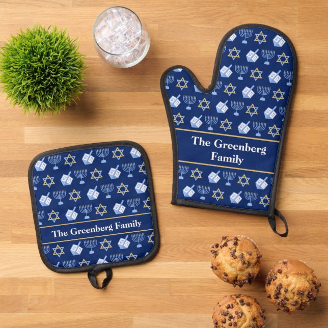Set De Manoplas Patrón de Hanukkah azul lindo personalizado (De arriba hacia abajo)