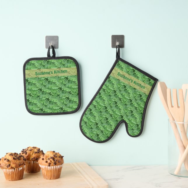 Set De Manoplas Patrón de helechos de bosque verde personalizado (Insitu (colgante))