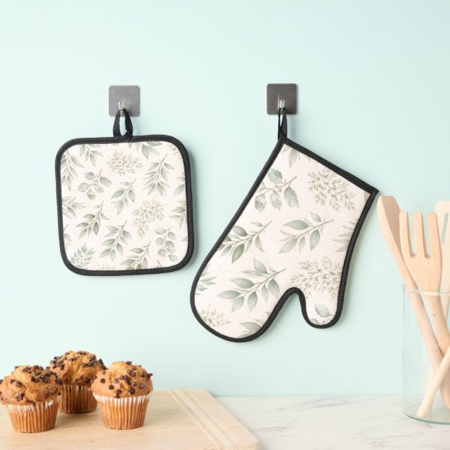 Set De Manoplas Patrón de hojas botánicas verde suave (Insitu (colgante))