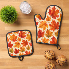 Set De Manoplas Patrón de hojas de arce de otoño | Hoja roja naran