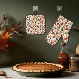 Set De Manoplas Patrón de hojas de terracota y salvia de otoño