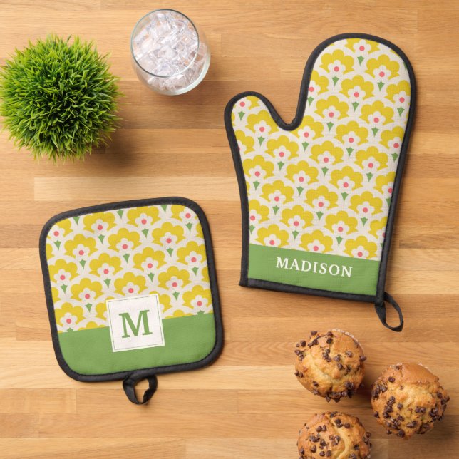 Set De Manoplas Patrón de jardín de flores amarillo retro (De arriba hacia abajo)
