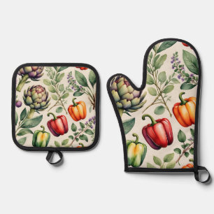 Set De Manoplas Patrón de jardín de verduras en acuarela