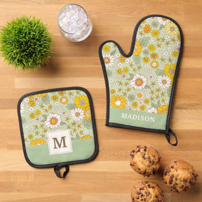 Set De Manoplas Patrón de jardín floral amarillo (De arriba hacia abajo)