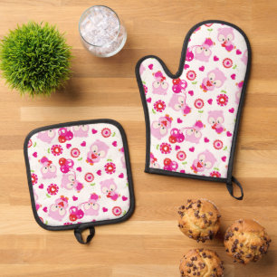 Set De Manoplas Patrón De Lechuzas, Lechuzas Cutas, Lechuzas Rosad