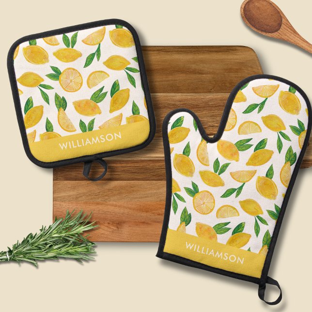 Set De Manoplas patrón de limón cítrico (Lemon pattern oven gloves - personalize with your own name or choice of text)