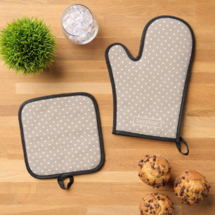 Set De Manoplas Patrón de lunares blancos sobre beige con nombre p