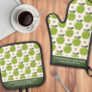 Set De Manoplas Patrón de manzana verde con nombre personalizado