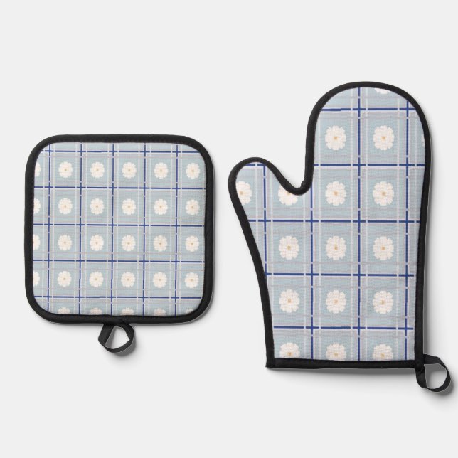 Set De Manoplas Patrón de margarita de cuadros azules (Anverso)