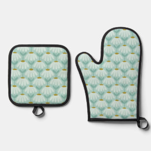 Set De Manoplas Patrón de margaritas florales vintage azul teal y 
