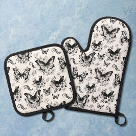Set De Manoplas Patrón de mariposa blanco y negro