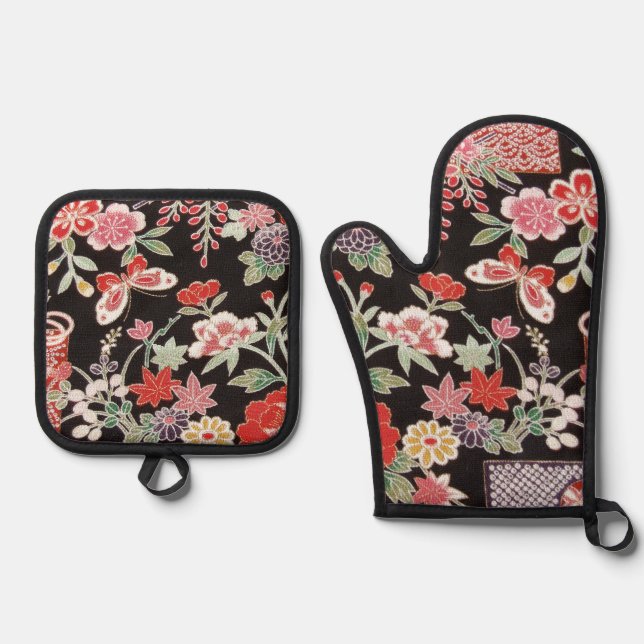 Set De Manoplas Patrón de mariposa y flor japonesa (Anverso)