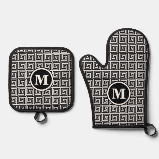 Set De Manoplas Patrón de meandro de la llave griega negra en mono
