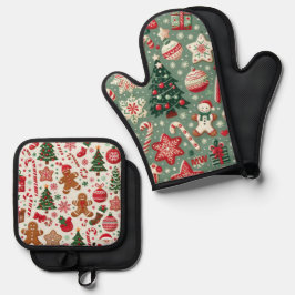 Set De Manoplas Patrón de Navidad Rojo y Verde