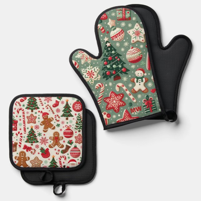 Set De Manoplas Patrón de Navidad Rojo y Verde (Anverso/Reverso)