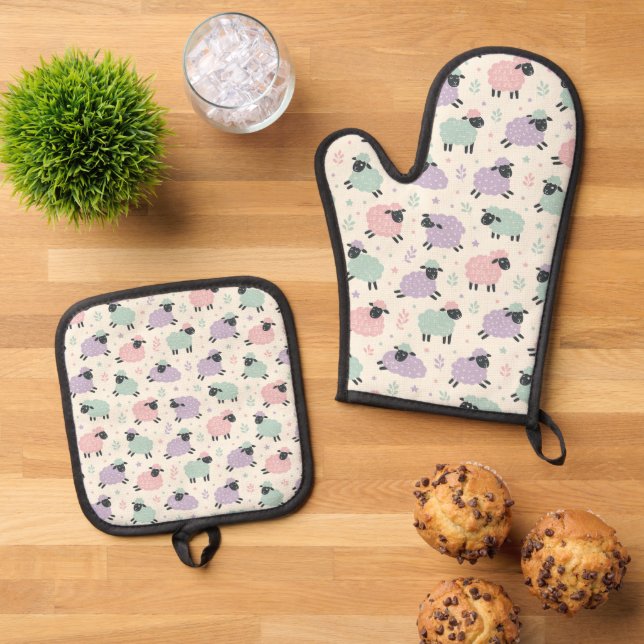 Set De Manoplas Patrón de ovejas arcoíris pastel (De arriba hacia abajo)