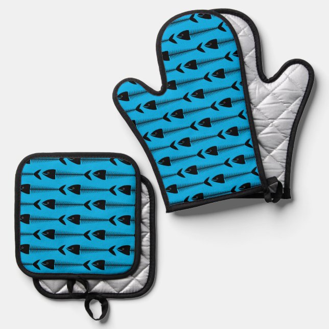 Set De Manoplas Patrón de peces azul personalizar BBQ Apron (Anverso/Reverso)