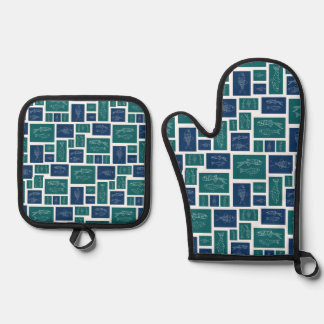 Set De Manoplas Patrón de pez azul verde vintage
