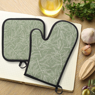 Set De Manoplas Patrón de rama de olivo verde salvia
