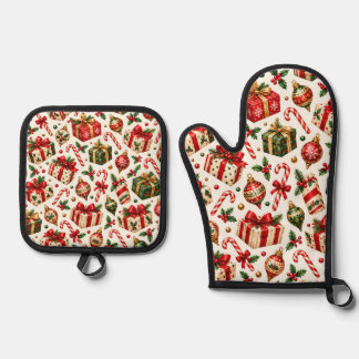 Set De Manoplas Patrón de regalos y adornos de Navidad en acuarela