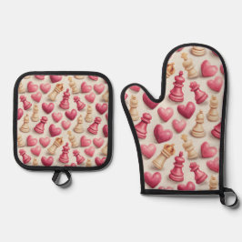 Set De Manoplas Patrón de San Valentín Ajedrez y Corazones