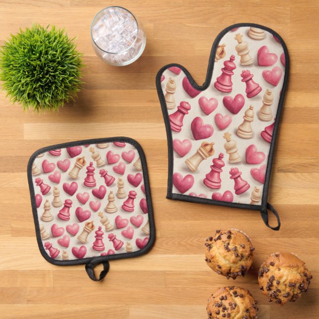 Set De Manoplas Patrón de San Valentín Ajedrez y Corazones (De arriba hacia abajo)