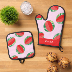 Set De Manoplas Patrón de sandía en rodajas sobre rosa