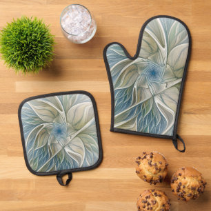 Set De Manoplas Patrón de sueño floral abstracto azul caqui fracta