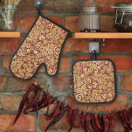 Set De Manoplas Patrón de Swirls de oro Vintage Terracotta elegant
