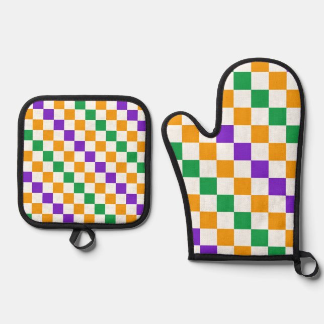 Set De Manoplas patrón de tablero de ajedrez diagonal de Mardi gra (Anverso)