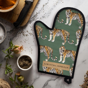 Set De Manoplas Patrón de tigres de acuarela verde tropical con no