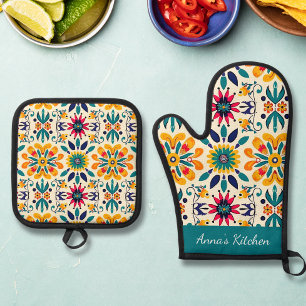 Set De Manoplas Patrón de título mexicano Oven Mitt y Pot Holders