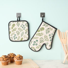 Set De Manoplas Patrón de Vegetación en Acuarela | Hojas Botánicas