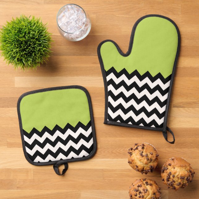 Set De Manoplas Patrón de zigzag negro y blanco, chevron, verde (De arriba hacia abajo)